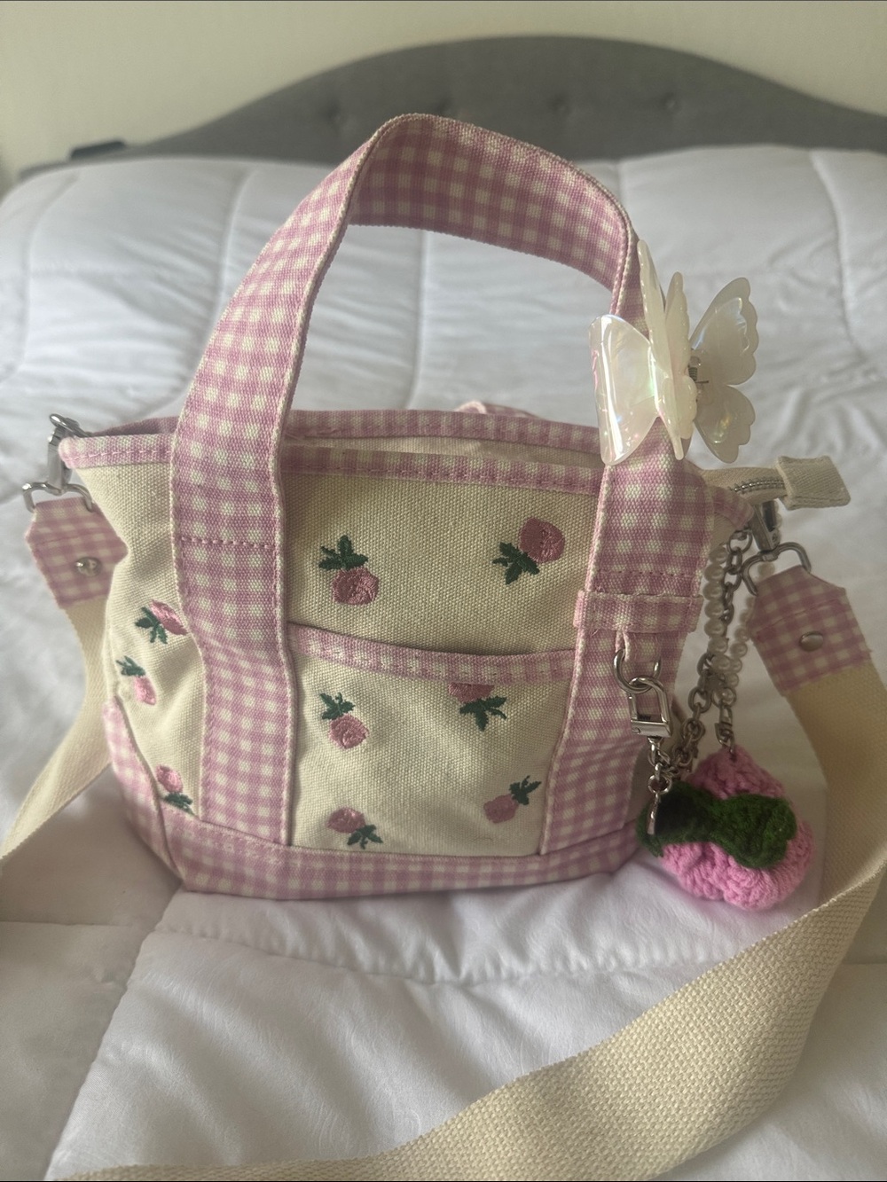 Madden Girl Pink Gingham Embroidered Canvas Tote Bag